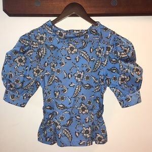 h&m blue and grey floral silk blouse size 2
